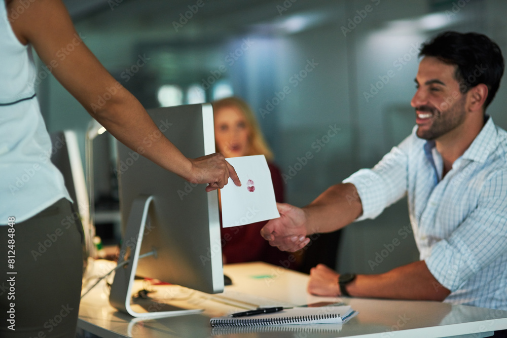 Office, love and business people giving of note for romantic message, paper and lipstick. Company, professional employee and hand with kiss on letter at desk for gift, offer and flirting with crush Office, love and business people giving of note for romantic message, paper and lipstick. Company, professional employee and hand with kiss on letter at desk for gift, offer and flirting with crush