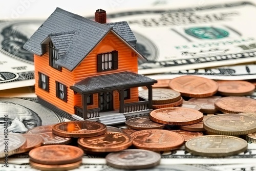 Create an illustration of a house model perched atop a stack of money coins, symbolizing the concept of saving for investment, mortgage fund, or home loan refinance