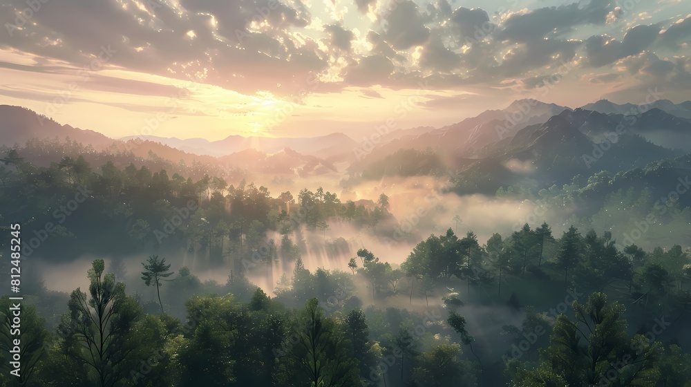 A breathtaking vista of a mountain range at sunrise, with mist swirling around the peaks and a dense forest of trees below, bathed in the soft light of dawn.