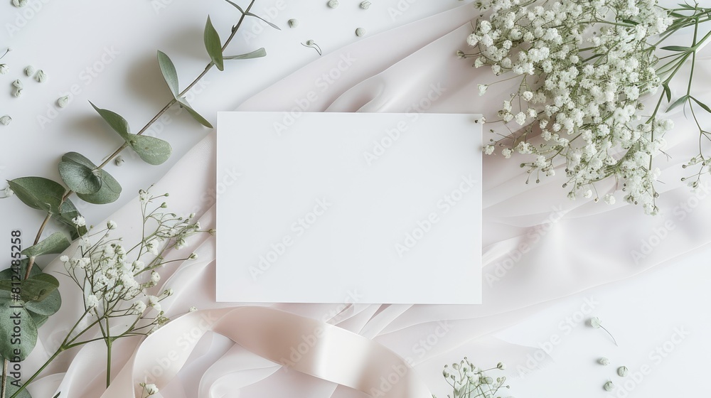 Obraz premium White gypsophila and eucalyptus cinerea leaf decoration with white fabric and ribbon under mockup white paper greeting card on white background
