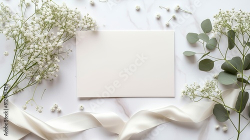 Top view white greeting card near beige ribbon with white gypsophila and eucalyptus cinerea leaf on white marble floor. 3D mockup wedding invitation card photo