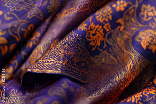 The image shows a close-up of a luxurious purple and gold silk fabric with a floral pattern. The fabric is draped in soft folds, showing off its rich texture and vibrant colors.
