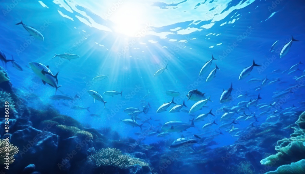 Fototapeta premium Groups of giant Tuna fish in the underwater, coral reef, amazing underwater life, various fish and exotic coral reefs, ocean wild creatures background