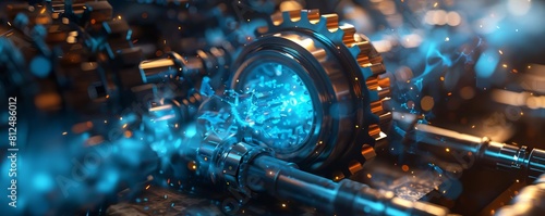 Highspeed photography of a gear in motion with an electric blue glow photo