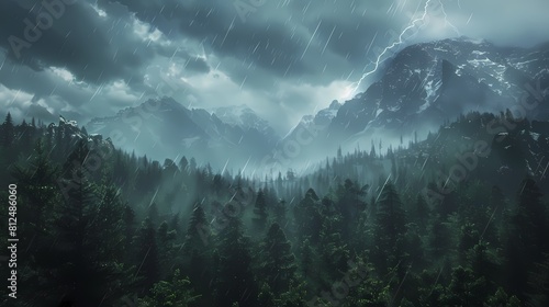 A dramatic 4K landscape of a stormy sky over rugged mountains, with lightning illuminating the dark clouds and rain pouring down on a dense forest of trees below. 