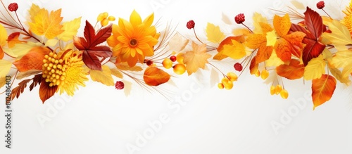 A greeting card with a floral design for autumn featuring a border of yellow leaves on a white surface It captures the seasonal concept of Thanksgiving day and there is ample copy space on the image