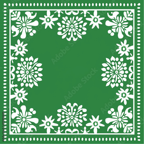 Papel Picado, a vector illustration of an emerald green square with white paper cut out patterns along the edges