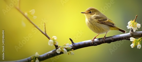 A charming copy space image of a willow warbler perched on a tree branch during the spring season photo