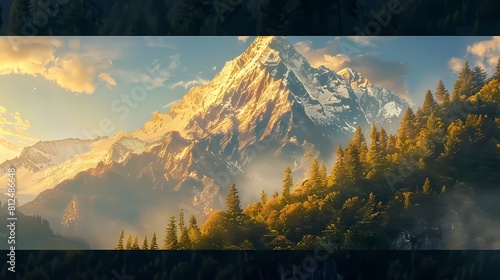 A majestic mountain peak bathed in golden sunlight, with a dense forest of trees covering the lower slopes and a clear blue sky overhead, creating a scene of awe-inspiring natural beauty photo