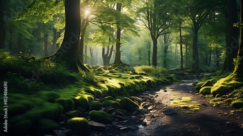 A lush green forest with sunlight streaming through the trees for Earth Day.