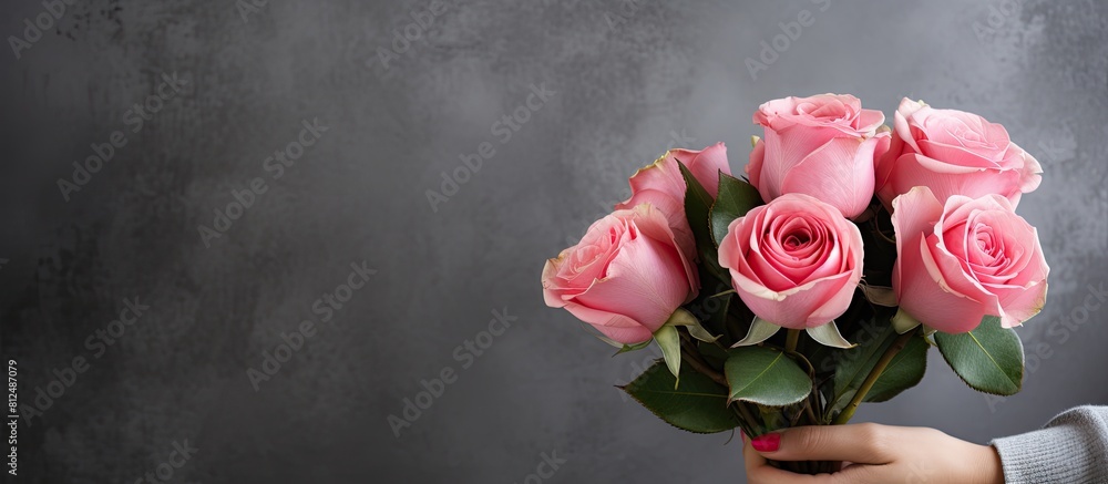 A close up image of a girl holding pink roses with a grey background ideal for copy space A close up image of a girl holding pink roses with a grey background ideal for copy space