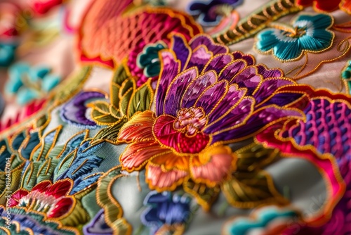 A colorful embroidered piece of fabric with flowers and leaves