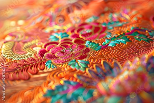 A colorful embroidered piece of fabric with flowers and leaves