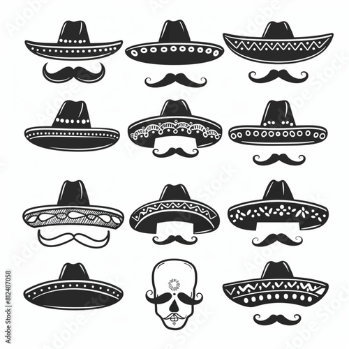  Silhouette icons set of sombrero hat and mustache, black color on white background, vector illustration style. Mexican fiesta party decoration or celebration concept. Isolated colored