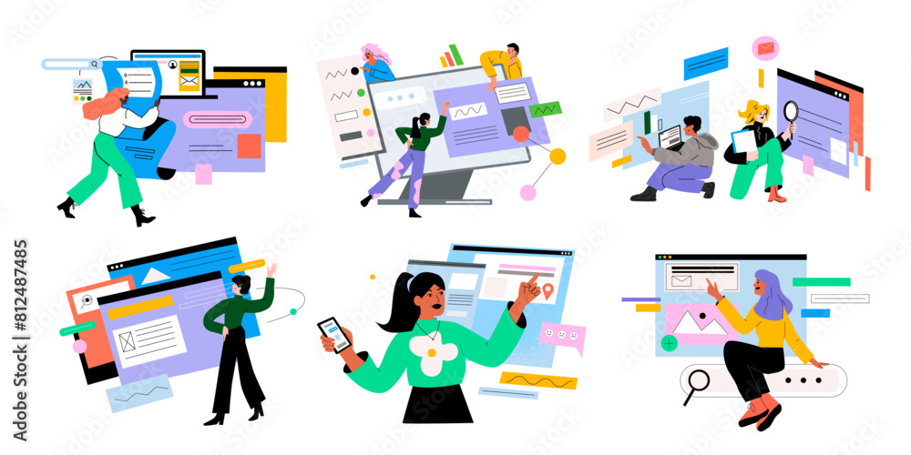 Search job internet. Information research. Digital surfing. Browser keyword query. People finding computer data with magnifiers. Web technology. Look website. SEO tech. Online users vector flat set Search job internet. Information research. Digital surfing. Browser keyword query. People finding computer data with magnifiers. Web technology. Look website. SEO tech. Online users vector flat set