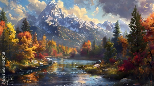 A majestic mountain peak rising above a colorful autumn forest  with a winding river below reflecting the stunning array of fall colors in its shimmering waters