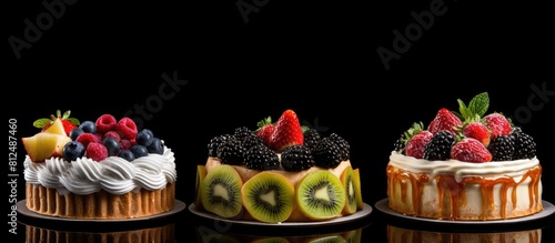 Fototapeta Naklejka Na Ścianę i Meble -  Close up photo of cakes with fruits isolated on a black background providing ample copy space