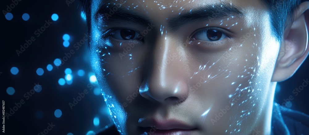 Close up studio portrait of a stylish Asian man in his 20s with tanned skin and short black hair His face is adorned with blue glitter creating a captivating and unique look The blue lighting enhance Close up studio portrait of a stylish Asian man in his 20s with tanned skin and short black hair His face is adorned with blue glitter creating a captivating and unique look The blue lighting enhance
