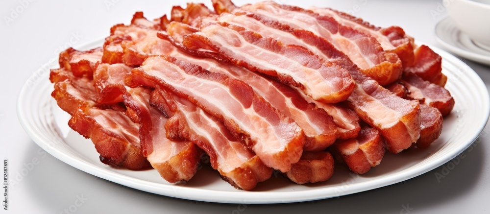 A close up top view image of delicious grilled bacon chicken and pork ham arranged on a white dish with a gray tablecloth The image is isolated and has a blurred background with ample copy space A close up top view image of delicious grilled bacon chicken and pork ham arranged on a white dish with a gray tablecloth The image is isolated and has a blurred background with ample copy space