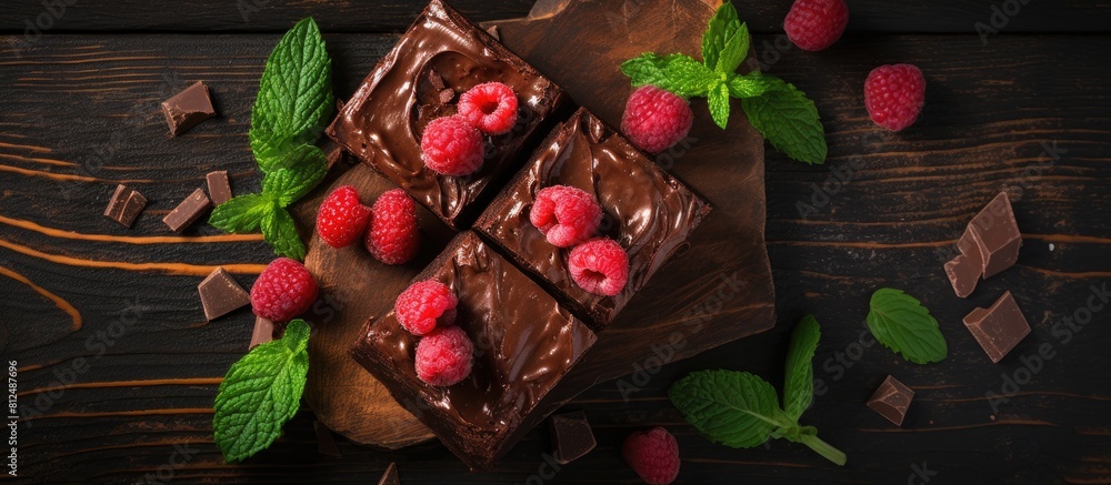 A close up top view of square homemade brownies with a dark chocolate spread paste topped with raspberry and mint leaves These cocoa based sweets on a wooden table are a high calorie pastry and could A close up top view of square homemade brownies with a dark chocolate spread paste topped with raspberry and mint leaves These cocoa based sweets on a wooden table are a high calorie pastry and could