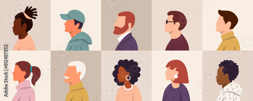 Face side view. People avatar, woman and man portrait in minimal flat style. Art character international person. Male and female head different hairstyle. Design set cartoon doodle vector illustration