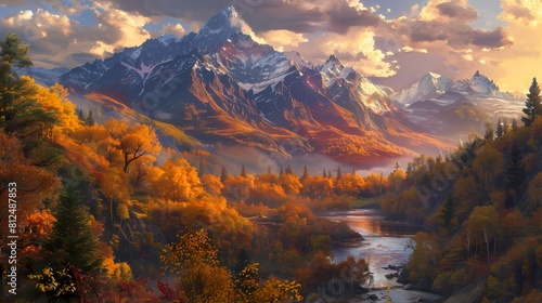 A majestic mountain range bathed in the golden light of autumn, with a winding river below reflecting the colorful foliage, creating a scene of breathtaking beauty