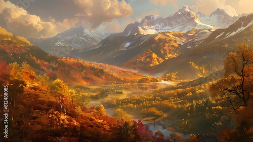 A majestic mountain range bathed in the golden light of autumn, with a winding river below reflecting the colorful foliage, creating a scene of breathtaking beauty