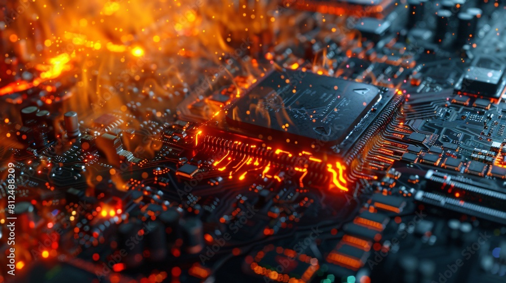 A photorealistic close-up of data servers succumbing to a raging fire. Molten metal, warped hard drives, and charred circuit boards reveal the catastrophic loss of data. A photorealistic close-up of data servers succumbing to a raging fire. Molten metal, warped hard drives, and charred circuit boards reveal the catastrophic loss of data.