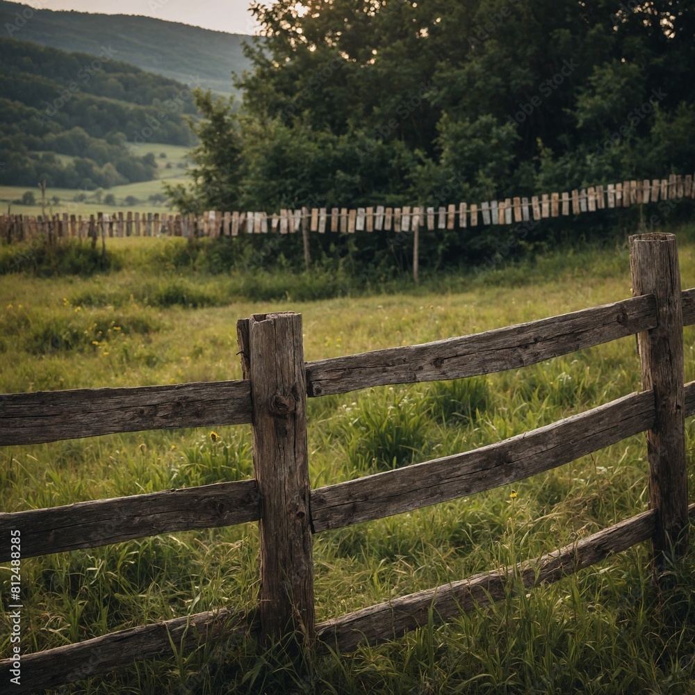 A tranquil countryside scene with a rustic wooden fence, adorned with images of missing children, emphasizing the need for stronger protection measures.
