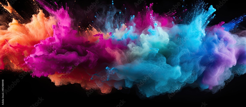 Colorful powder exploding creating an abstract pattern on a black background The freeze motion captures the vibrant energy of the image. Creative banner. Copyspace image