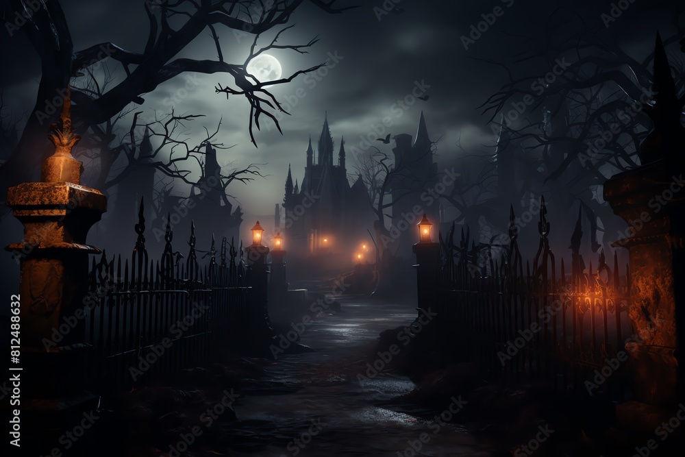 Creepy graveyard scene with fog, wrought iron fences, and eerie glowing lights, perfect for setting a Halloween mood in entertainment spaces