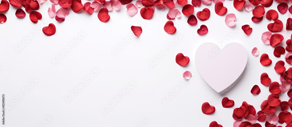 Valentine concept depicted in a flat lay image featuring a heart shaped paper on a white background with ample space for text or other elements
