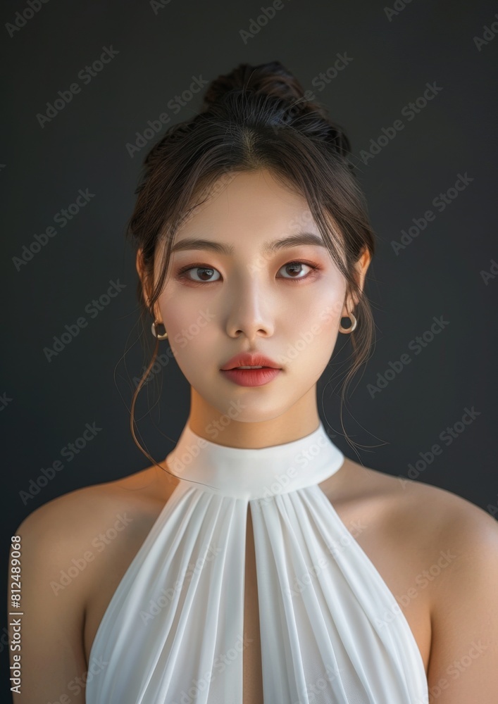A beautiful Korean woman in a white dress, facing the camera directly A beautiful Korean woman in a white dress, facing the camera directly