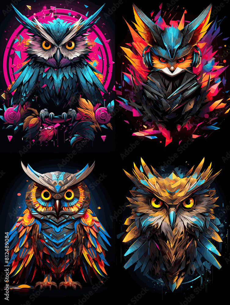 Design of a contrasting color owl on a black background