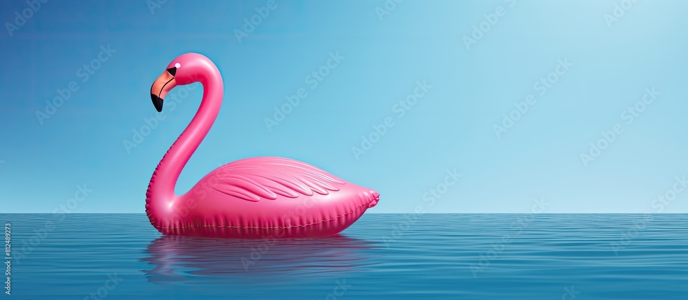 Fototapeta premium A creatively minimal banner featuring an inflatable pink flamingo pool toy against a blue background with copy space for an image