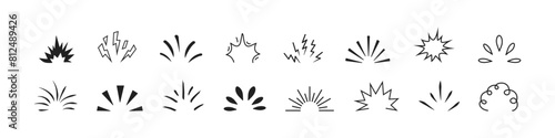 Doodle hand drawn explosion set. Hand drawn bursts, rays, fireworks and  explosion. Vector line illustration.