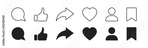 Social media icon set. Contain thumb up, like, heart, comment, share, save. Vector illustration. photo