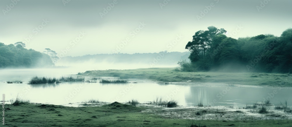 In damp and cold weather a misty river or reservoir bank is depicted offering a background suitable for text with copy space image In damp and cold weather a misty river or reservoir bank is depicted offering a background suitable for text with copy space image