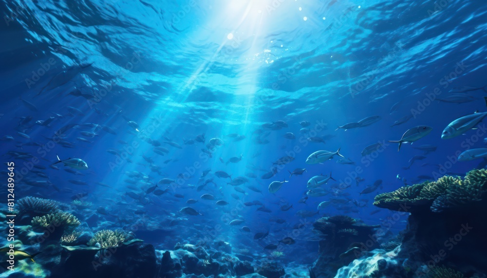 Fototapeta premium Groups of giant Tuna fish in the underwater, coral reef, amazing underwater life, various fish and exotic coral reefs, ocean wild creatures background