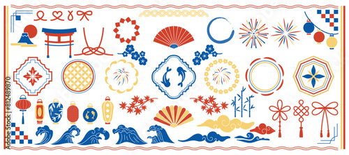 Japan summer icon. Frame element, fireworks, ribbon. Background Obon, headline. Cute borders, goldfish, water waves and clouds, lantern silhouette, material, maple. Vector illustration garish set