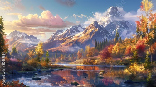 A majestic mountain range bathed in the golden light of autumn  with a winding river below reflecting the colorful foliage  creating a scene of breathtaking beauty