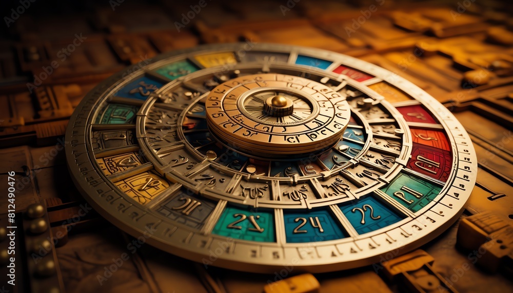 Cipher  A scene depicting an ancient cipher wheel used in code breaking, side view, historical encryption device, technology tone, Triadic Color Scheme