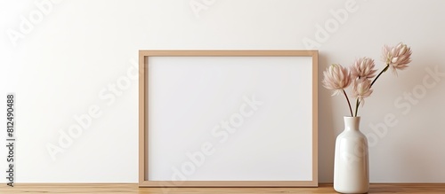In the living room a wooden table displays a close up photo frame with ample copy space available