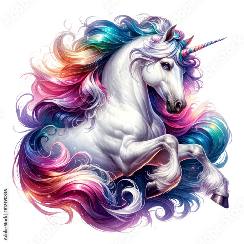 A beautiful unicorn with a rainbow mane and tail is standing on a cloud. The unicorn is surrounded by a soft, pink glow.