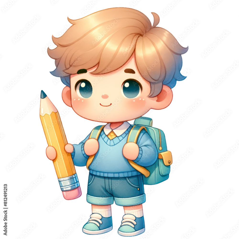 A cartoon image of a young boy with blond hair and blue eyes. He is wearing a blue shirt, gray shorts, and a yellow backpack. He is holding a pencil in his right hand. A cartoon image of a young boy with blond hair and blue eyes. He is wearing a blue shirt, gray shorts, and a yellow backpack. He is holding a pencil in his right hand.