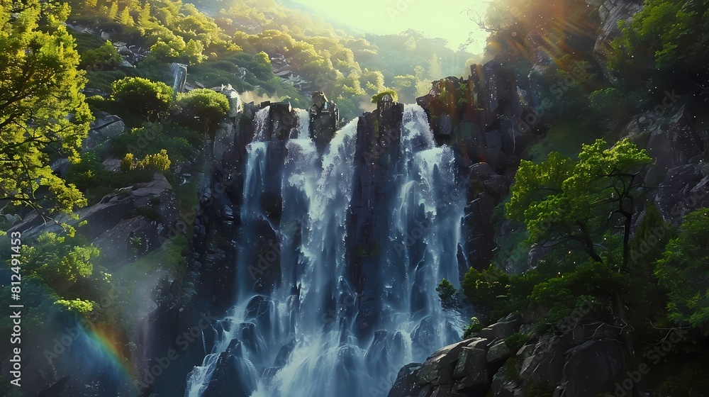 A majestic waterfall cascading down a rocky cliff face in a remote mountain landscape, surrounded by lush green trees and rugged terrain, with the sunlight streaming through the mist, creatin