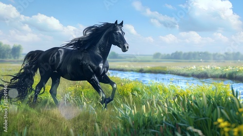  Regal black horse prancing gracefully in a vibrant green meadow with a serene blue waterway meandering nearby. 
 photo