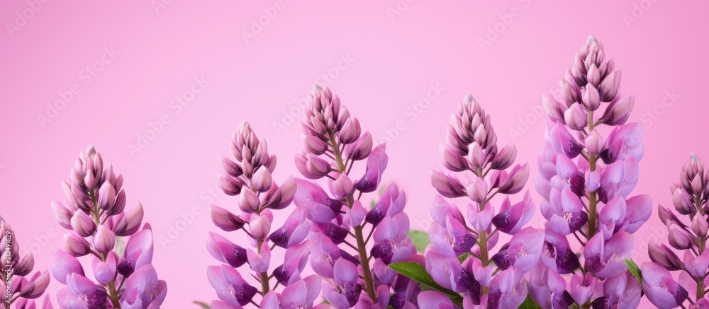 Summer banner featuring beautiful purple lupine flowers on a pink background creating a captivating copy space image