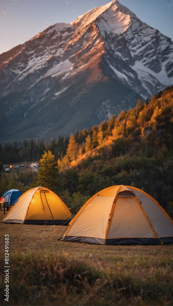Alpine Twilight Retreat, Tourist Tent Camping Set Against Mountain Backdrop at Sunset.