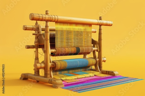 A wooden loom with colorful threads is displayed on a yellow background photo